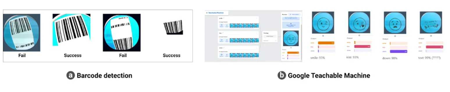 이모지 카드 인식 시도. 왼쪽은 바코드 인식 결과, 오른쪽은 Teachable Machine의 카드별 예측값